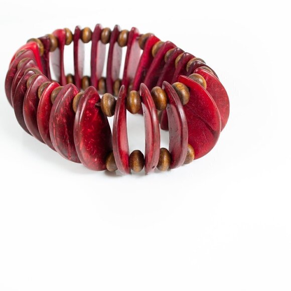 Red Stretch Bracelet - Wood Beads - Picture 2 of 6
